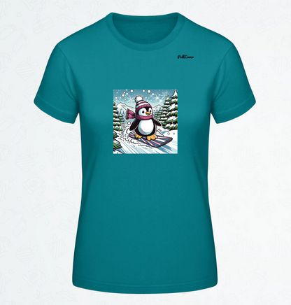 Damen T-Shirt Snowboard Pinguin